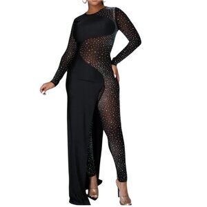 Banjul Black Long-Sleeve Rhinestone Embellished Evening Gown With Draped Design
